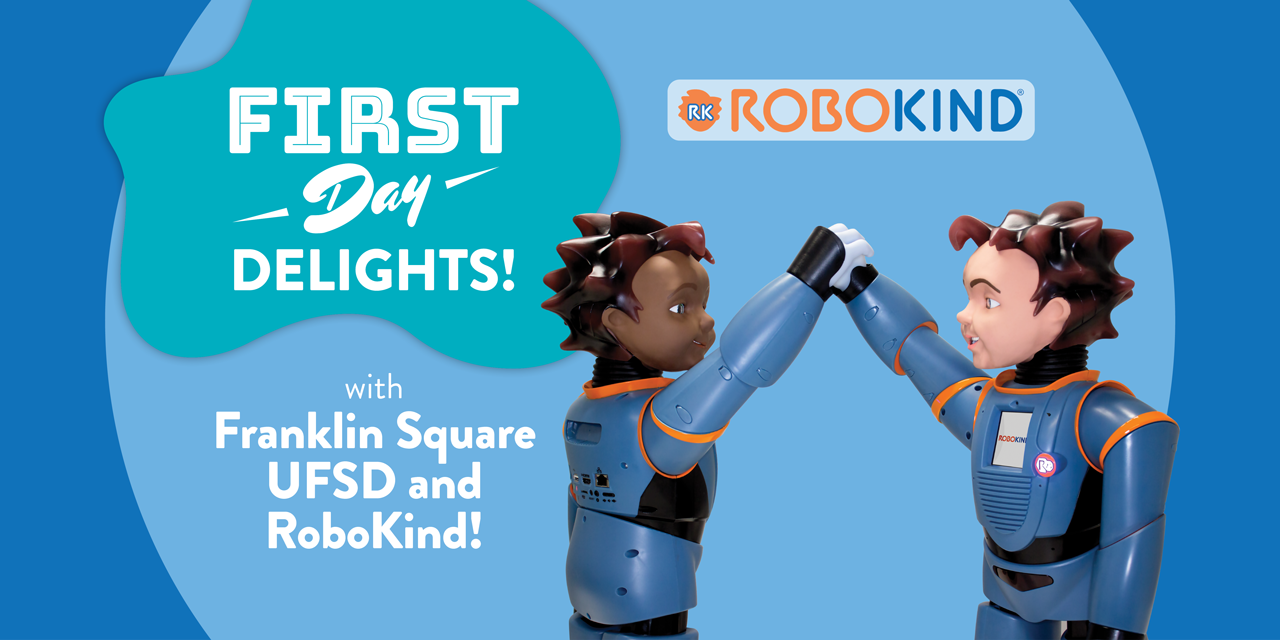 Franklin Square UFSD and Robokind First Day Delights - image of Milo and Carver robots high-fiving