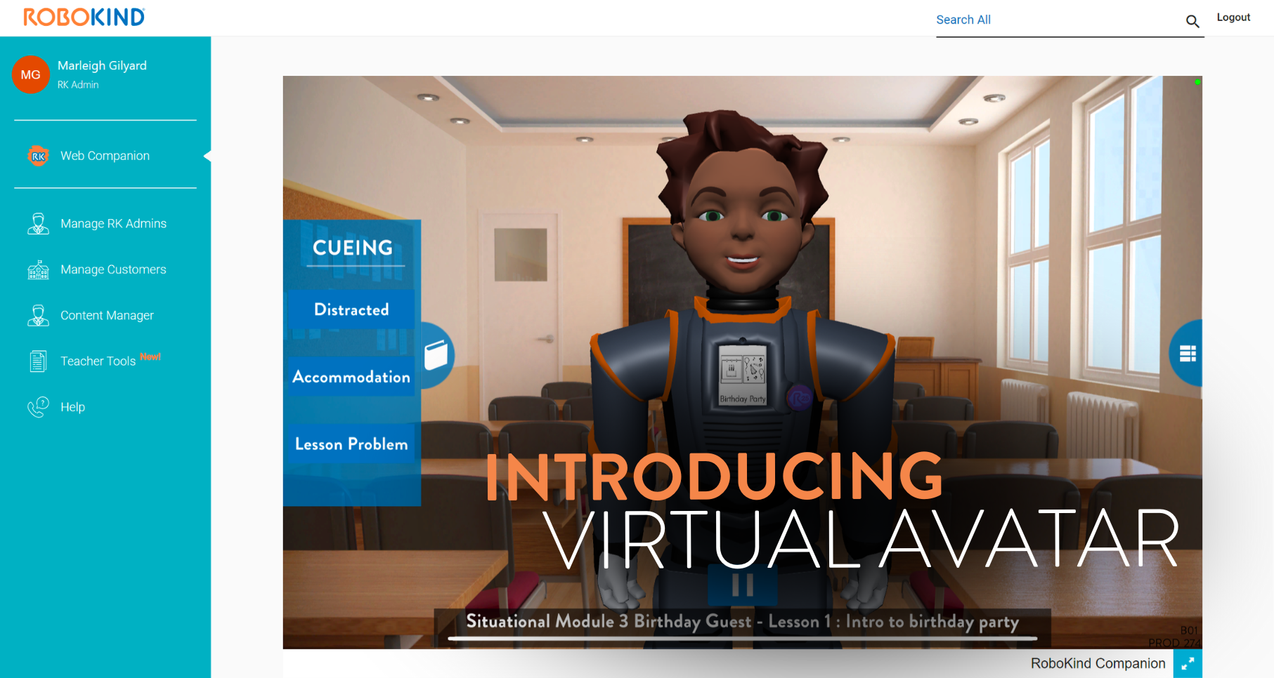 screenshot of RoboKind's virtual avatar Carver with text that says 